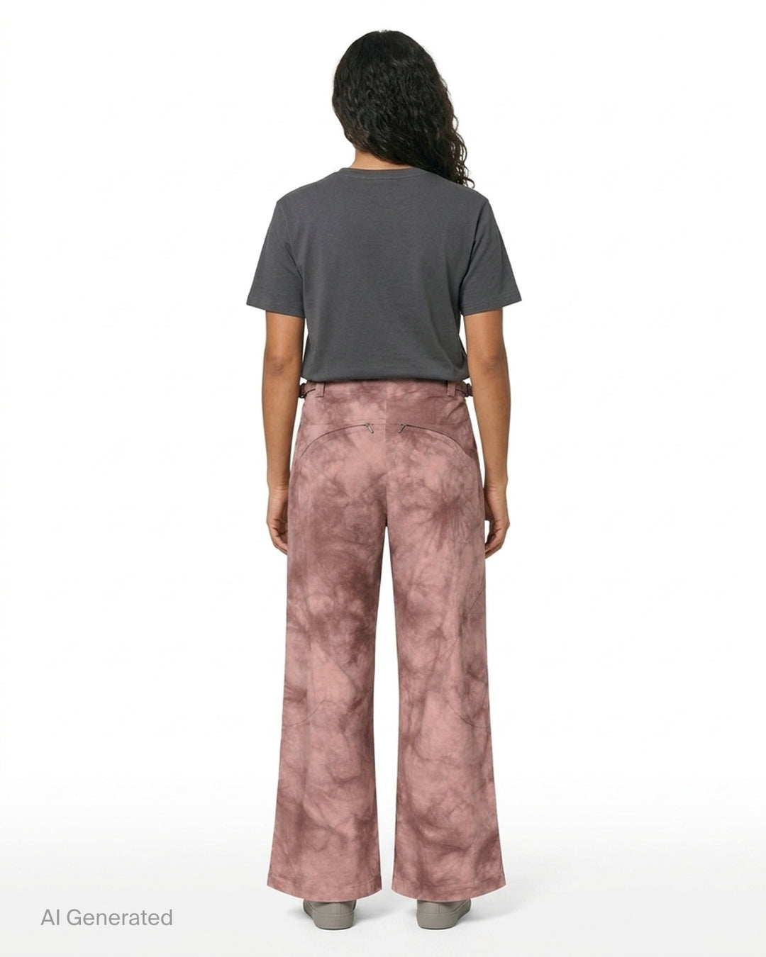 Dusty rose and brown tie-dye wide-leg trousers with a zip front, waist buckle adjusters and curved knee panel seams - back