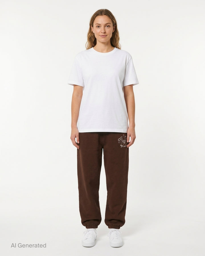 Passion Target Practice brown joggers with elasticated waist and cuffs, featuring a cream hand-drawn star graphic and Shoot For The Stars script - front