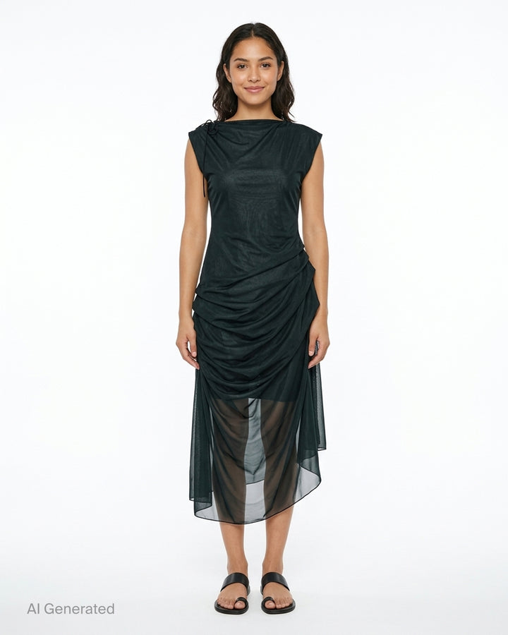 Pauline Dujancourt Najia sleeveless dress in dark green tricot jersey with sheer ruched mesh overlay and asymmetric hem - front