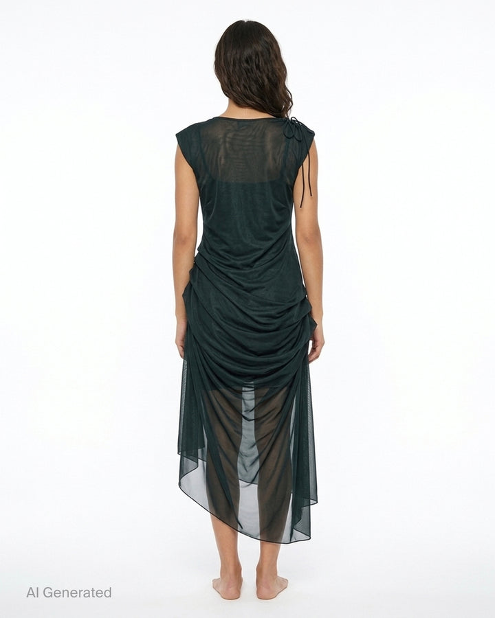 Pauline Dujancourt Najia sleeveless dress in dark green tricot jersey with sheer ruched mesh overlay and asymmetric hem - back