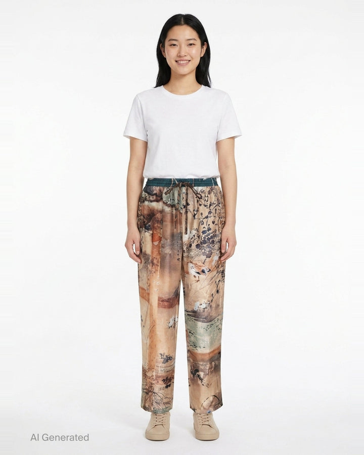Pierre-Louis Mascia Aloe printed trousers with an artistic East Asian-inspired landscape print featuring birds, florals, and botanical motifs on warm sand and terracotta tones, with a teal elasticated drawstring waistband - front