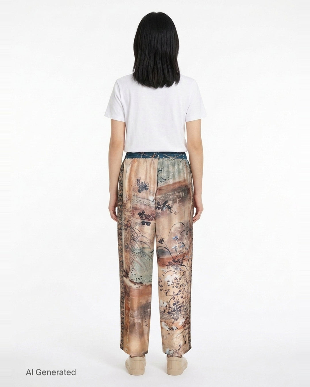 Pierre-Louis Mascia Aloe printed trousers with an artistic East Asian-inspired landscape print featuring birds, florals, and botanical motifs on warm sand and terracotta tones, with a teal elasticated drawstring waistband - back