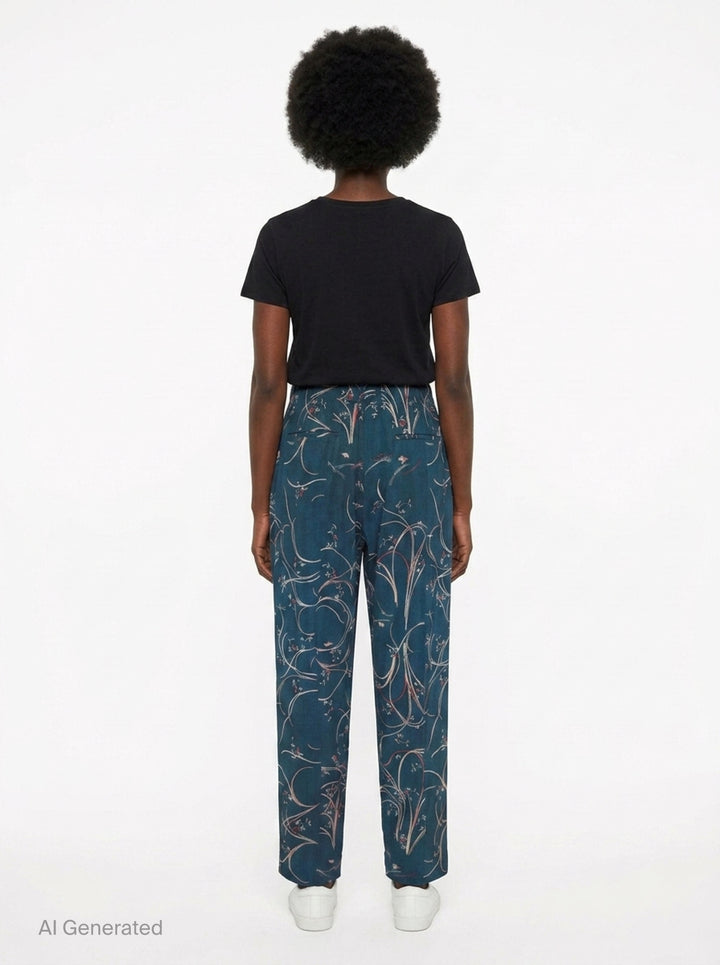 Pierre-Louis Mascia Dylan trousers in deep teal with an all-over swirling botanical print in blush and coral tones, featuring a drawstring waistband and front pleats - back