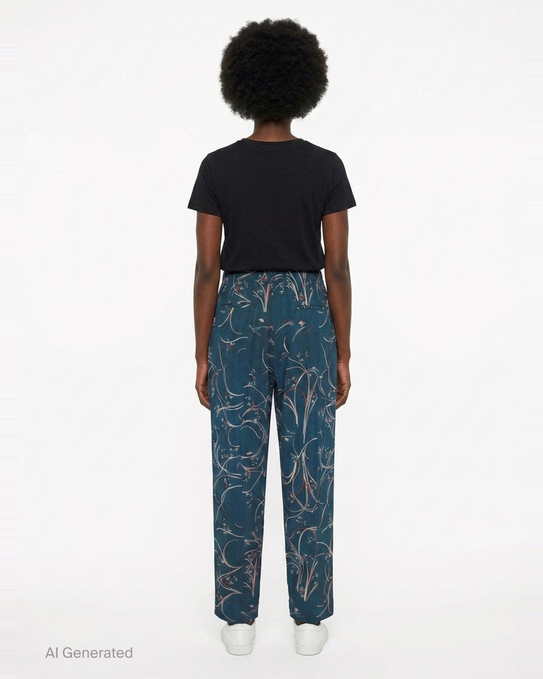 Pierre-Louis Mascia Dylan trousers in deep teal with an all-over swirling botanical print in blush and coral tones, featuring a drawstring waistband and front pleats - back