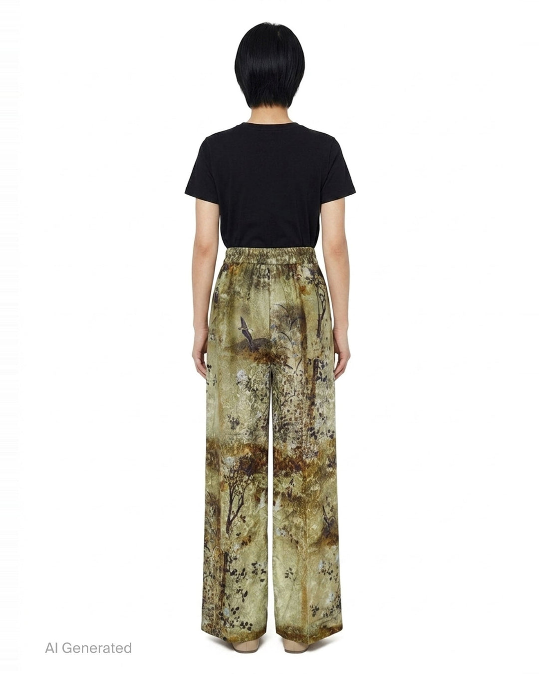 Pierre-Louis Mascia wide-leg trousers in an olive and earth-toned botanical landscape print, featuring a high-rise waistband, front pleats, and a pointed hem - back