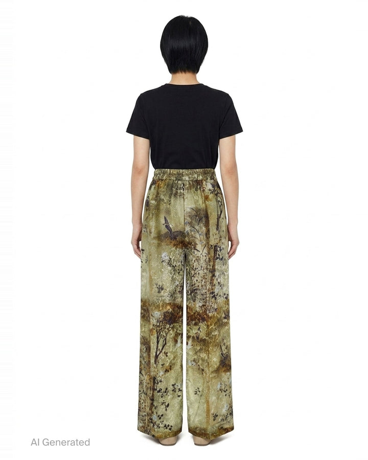 Pierre-Louis Mascia wide-leg trousers in an olive and earth-toned botanical landscape print, featuring a high-rise waistband, front pleats, and a pointed hem - back