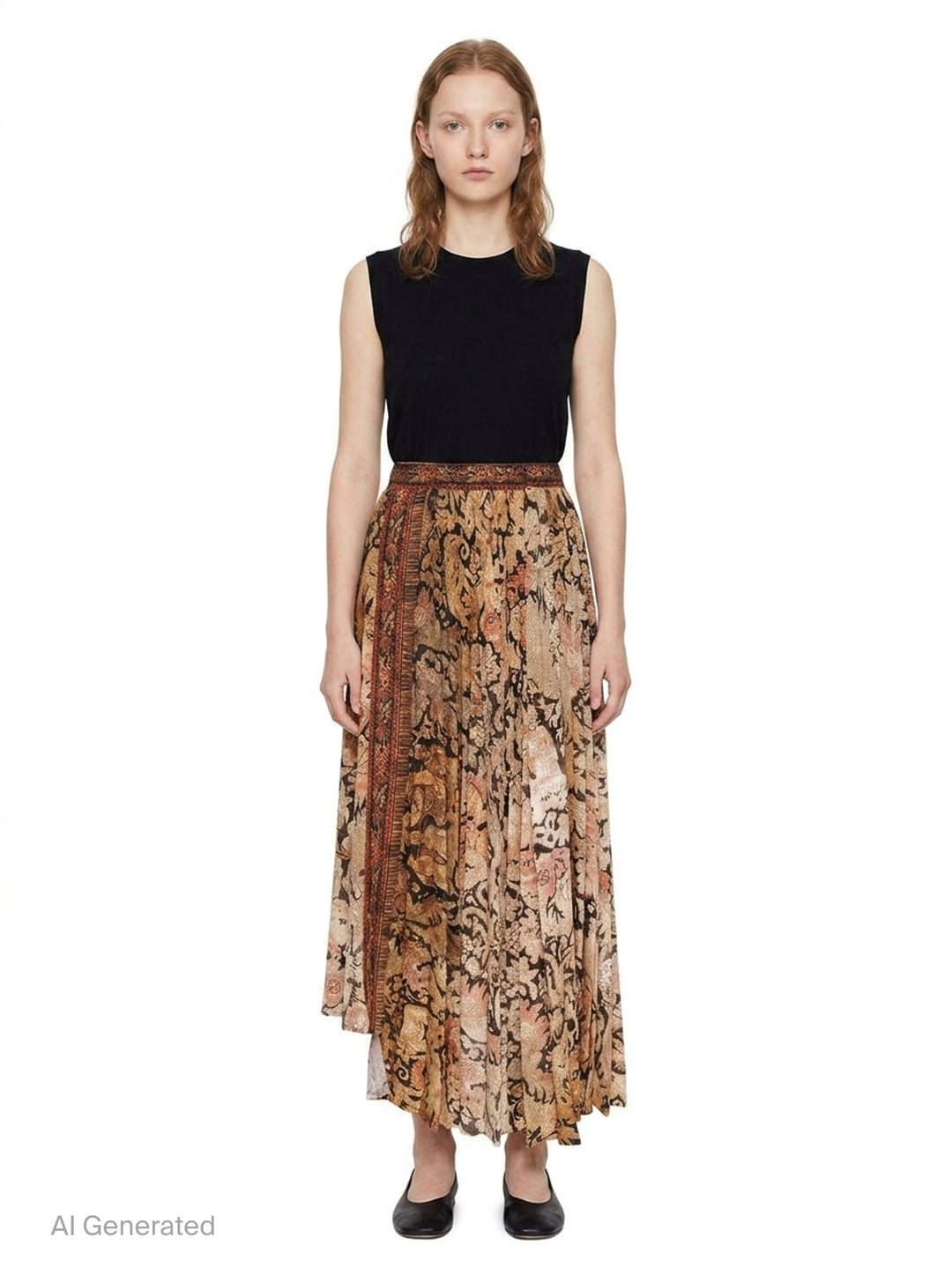 Pierre-Louis Mascia floral tapestry print pleated midi skirt with asymmetric hem in earthy ochre, charcoal, and dusty rose tones - front