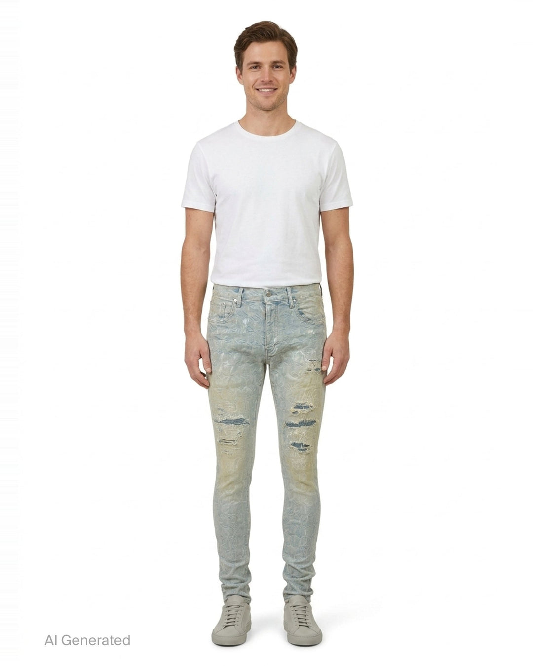 Purple Skinny Jacquard Monogram Jeans in light wash denim featuring an all-over tonal monogram jacquard weave and distressed knee detailing - front