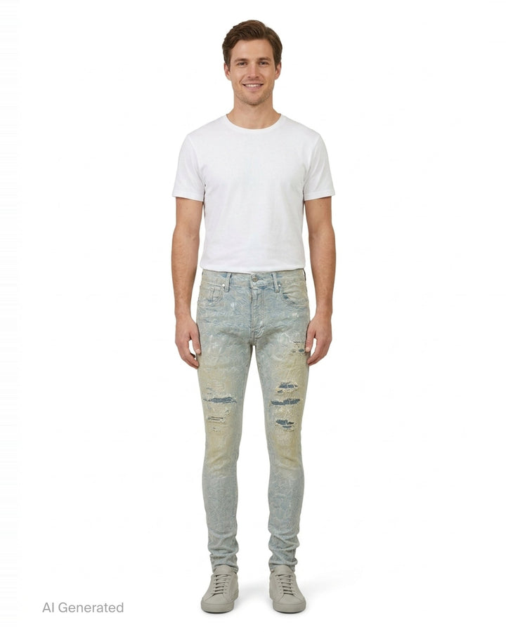 Purple Skinny Jacquard Monogram Jeans in light wash denim featuring an all-over tonal monogram jacquard weave and distressed knee detailing - front