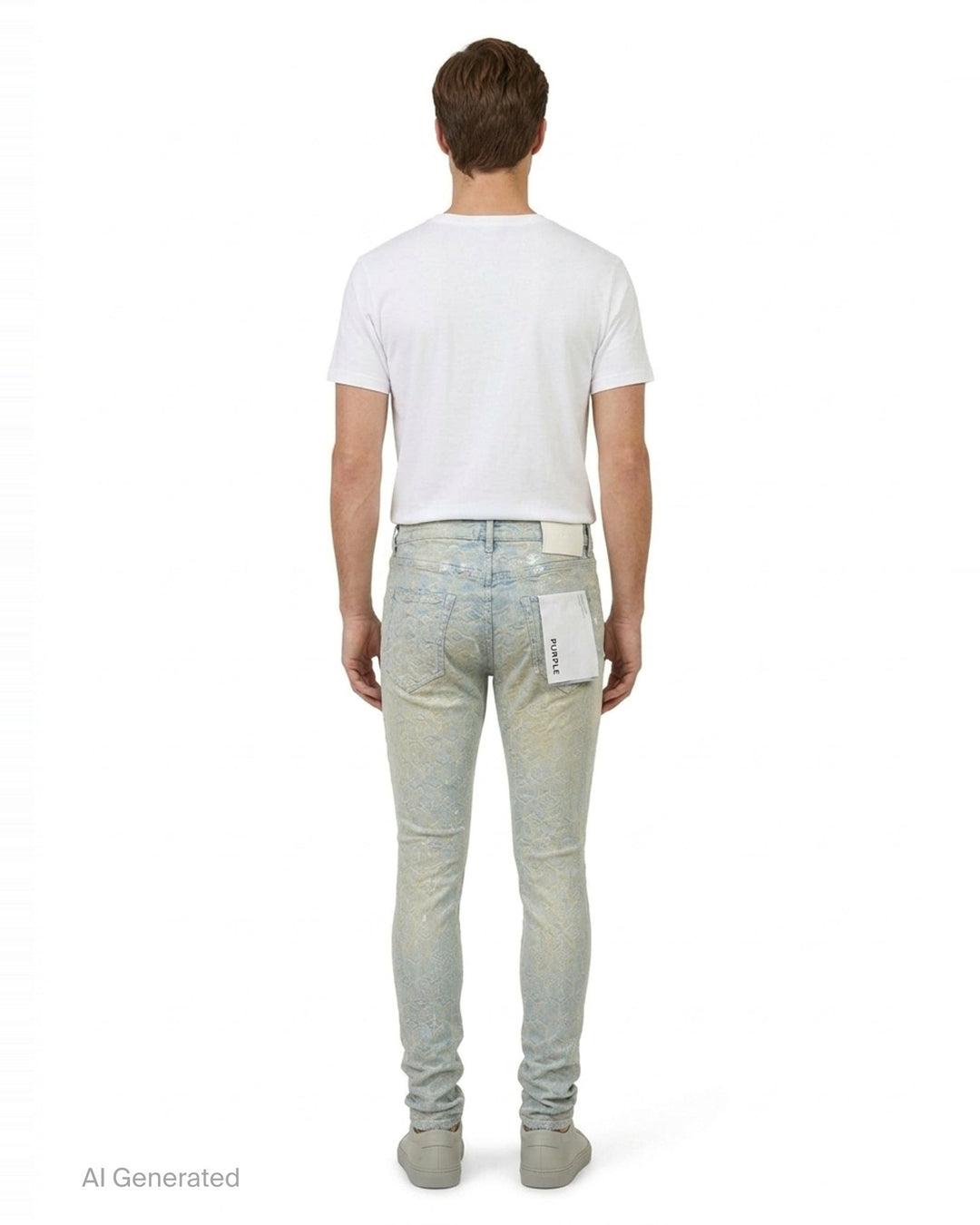 Purple Skinny Jacquard Monogram Jeans in light wash denim featuring an all-over tonal monogram jacquard weave and distressed knee detailing - back