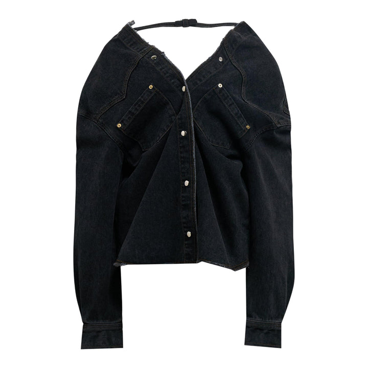 Club21 - pushBUTTON - Black Strap Point Denim Shirt - BLOUSON - Black