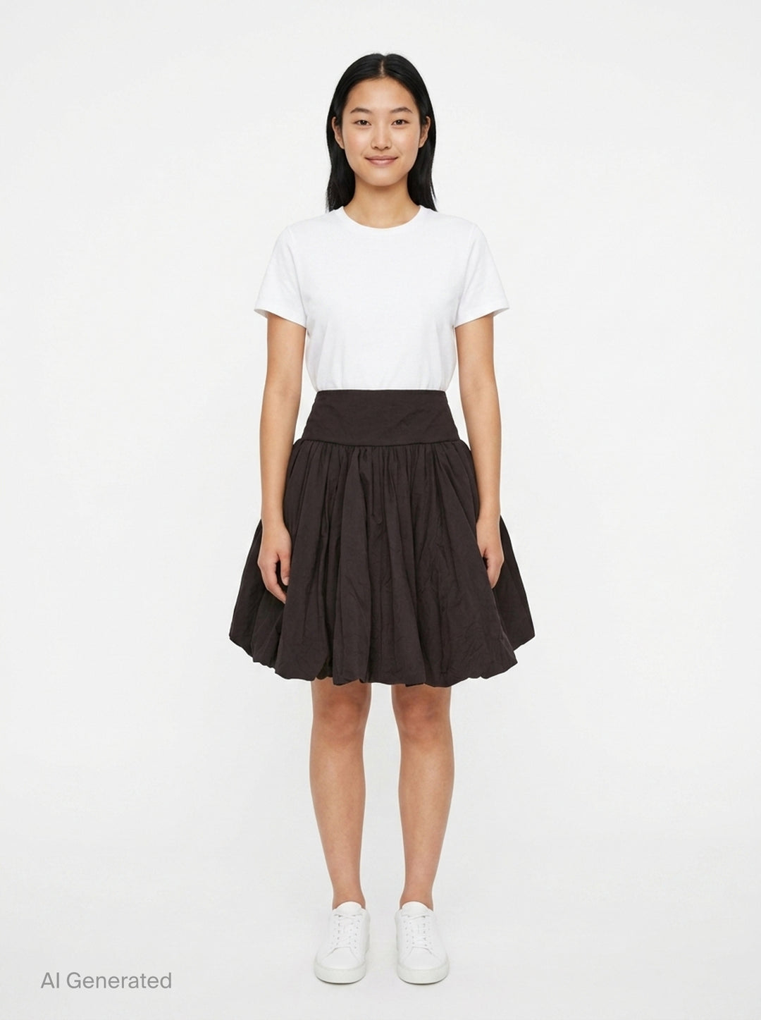 pushBUTTON black balloon volume mini skirt with wide structured waistband and dramatically gathered crinkle-textured fabric tapering at the hem - front