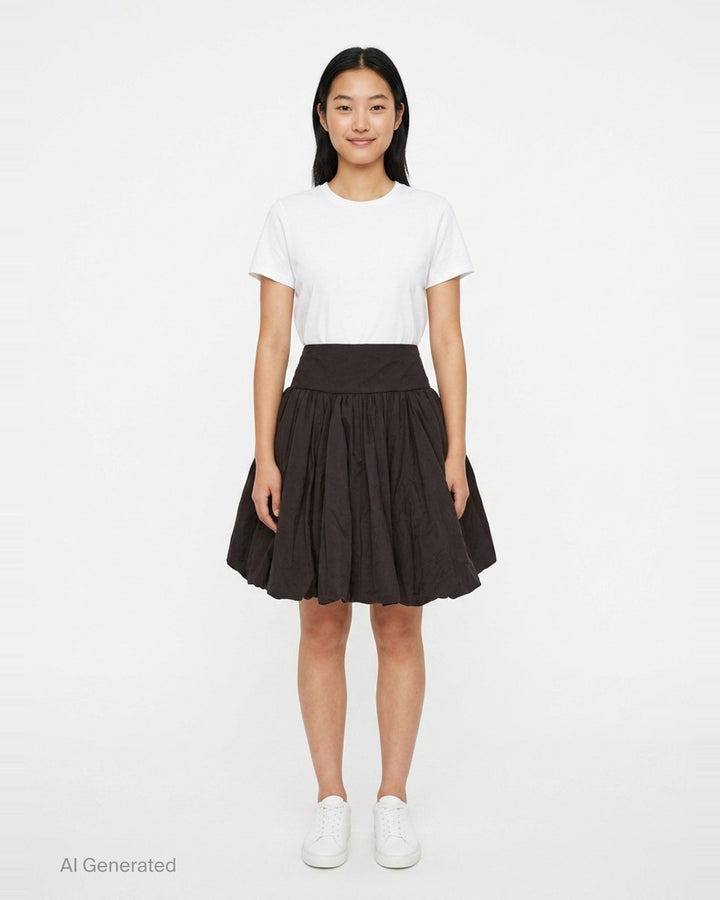 pushBUTTON black balloon volume mini skirt with wide structured waistband and dramatically gathered crinkle-textured fabric tapering at the hem - front