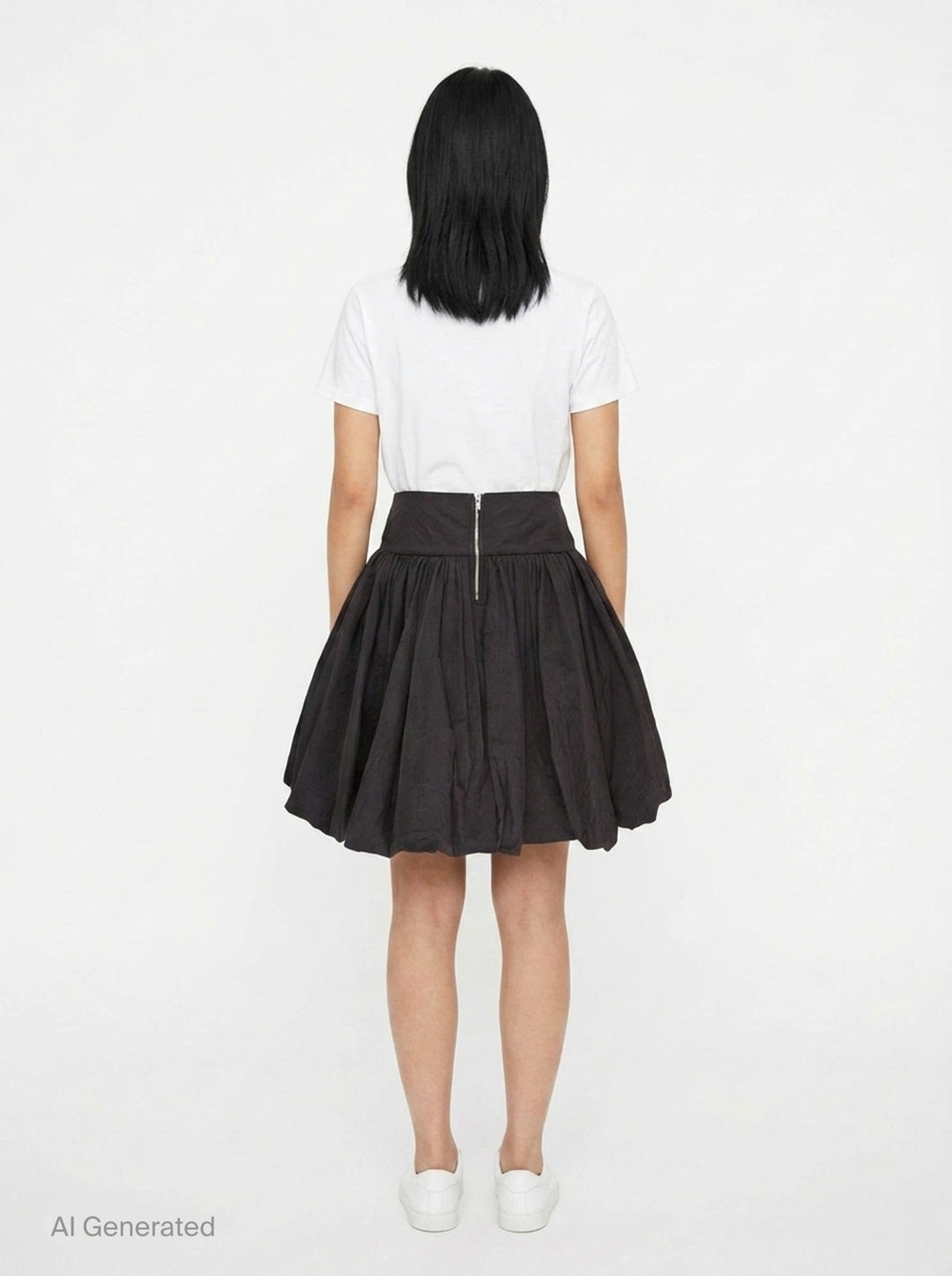 pushBUTTON black balloon volume mini skirt with wide structured waistband and dramatically gathered crinkle-textured fabric tapering at the hem - back