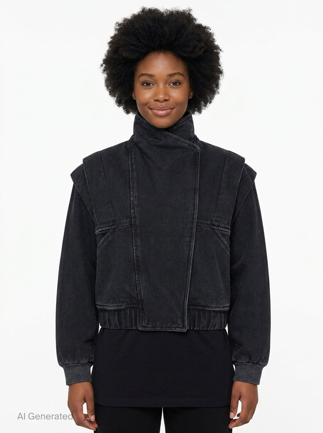 pushBUTTON Black Vintage Wash High-Neck Jacket — cropped black denim bomber with asymmetric crossover collar, padded shoulders, tonal seam panelling, and ribbed elasticated hem and cuffs - front
