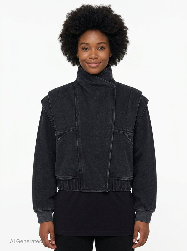 pushBUTTON Black Vintage Wash High-Neck Jacket — cropped black denim bomber with asymmetric crossover collar, padded shoulders, tonal seam panelling, and ribbed elasticated hem and cuffs - front