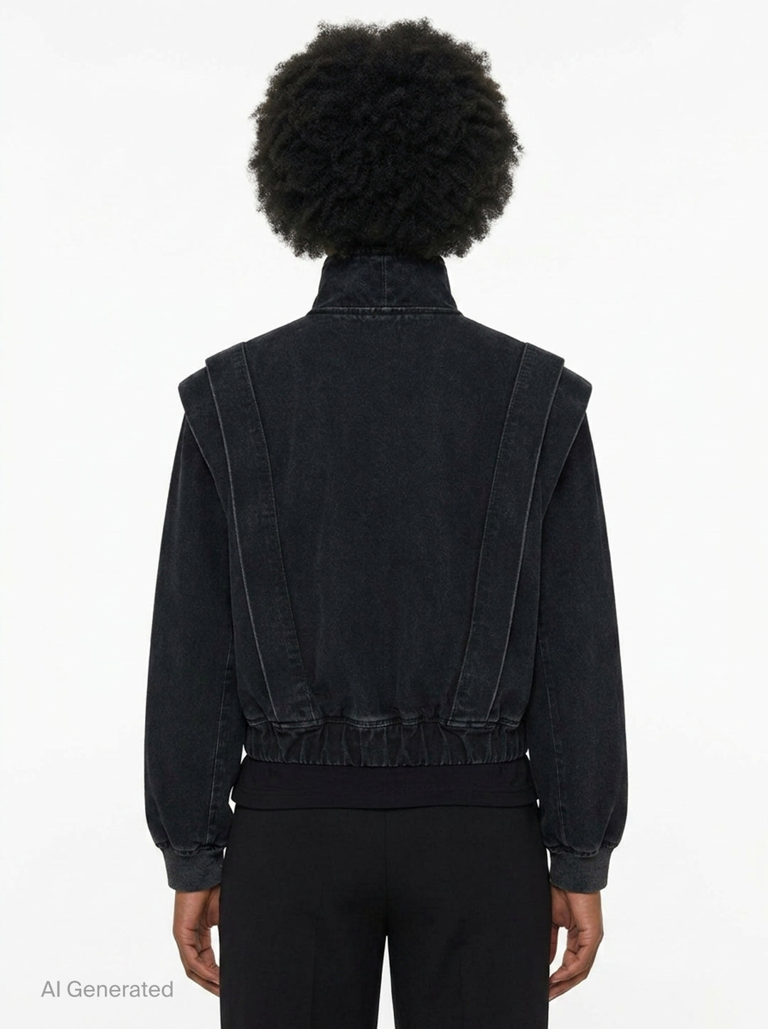 pushBUTTON Black Vintage Wash High-Neck Jacket — cropped black denim bomber with asymmetric crossover collar, padded shoulders, tonal seam panelling, and ribbed elasticated hem and cuffs - back