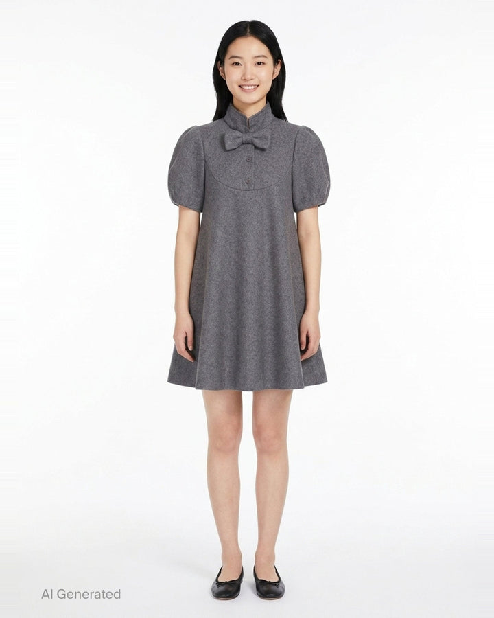 pushBUTTON gray heathered wool-blend mini dress with oversized bow collar, curved chest yoke, button placket, and puff sleeves in a flared A-line silhouette - front