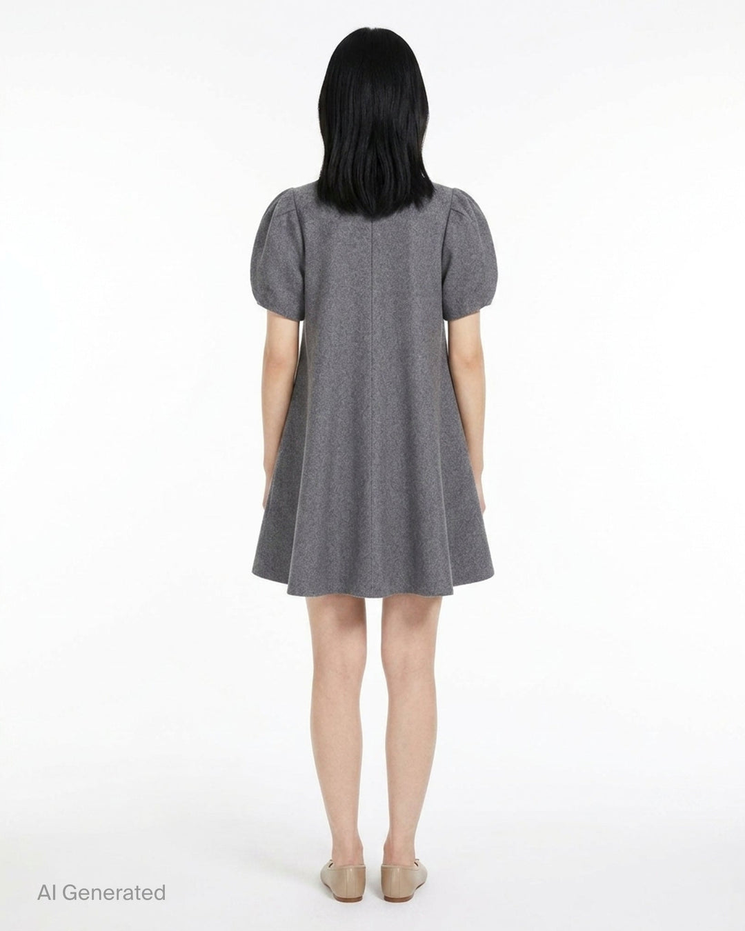 pushBUTTON gray heathered wool-blend mini dress with oversized bow collar, curved chest yoke, button placket, and puff sleeves in a flared A-line silhouette - back