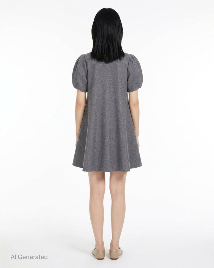 pushBUTTON gray heathered wool-blend mini dress with oversized bow collar, curved chest yoke, button placket, and puff sleeves in a flared A-line silhouette - back