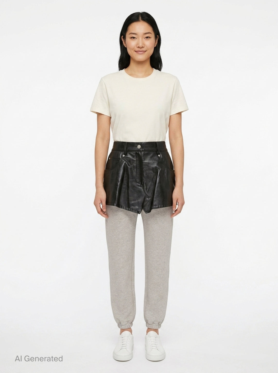 pushBUTTON black faux-leather mini skirt overlay layered over grey marl tapered sweatpants with elasticated cuffs and silver rivet hardware - front