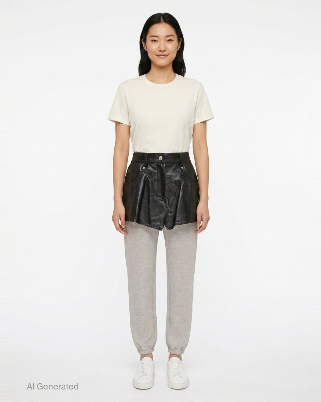 pushBUTTON black faux-leather mini skirt overlay layered over grey marl tapered sweatpants with elasticated cuffs and silver rivet hardware - front