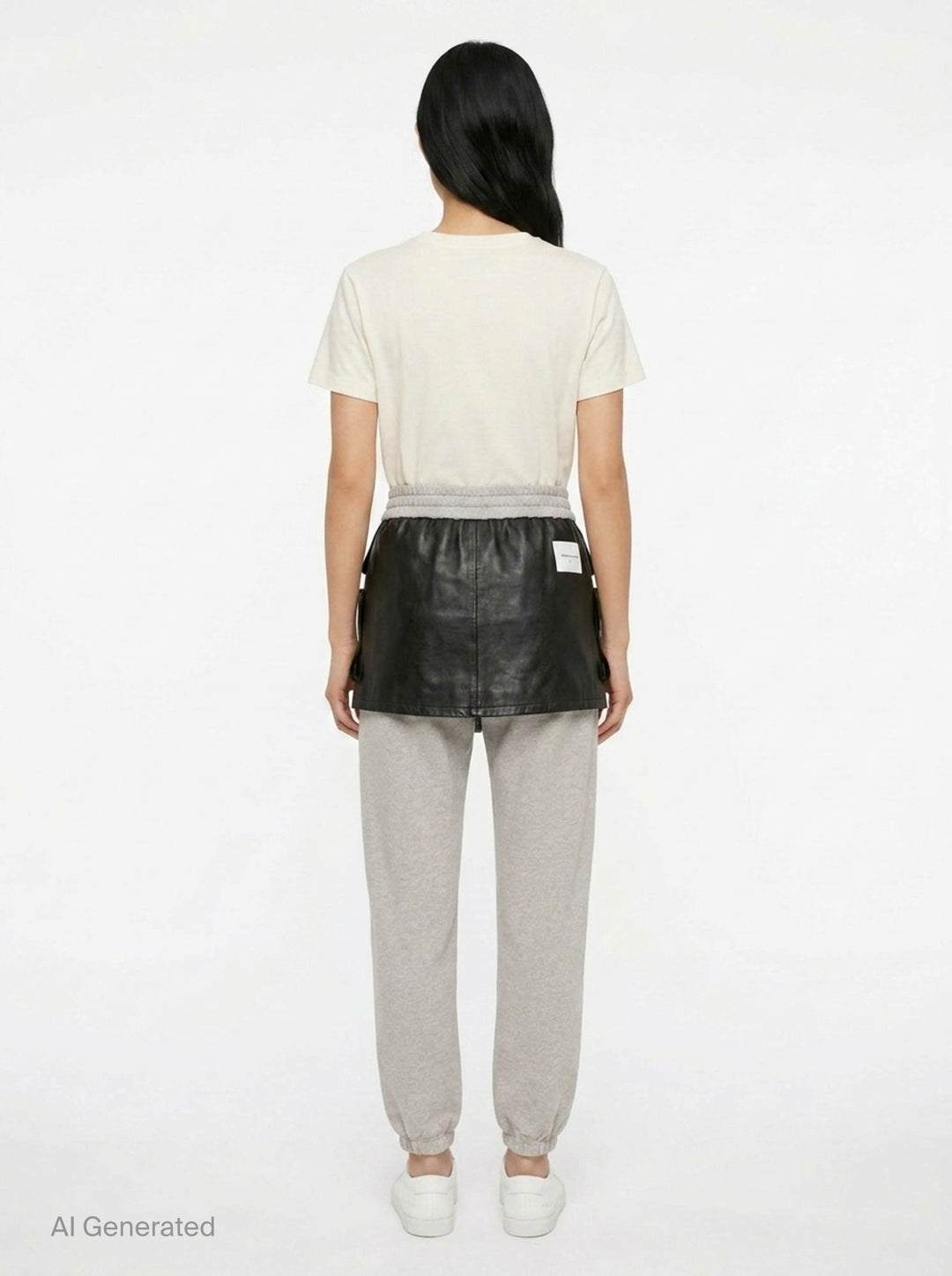 pushBUTTON black faux-leather mini skirt overlay layered over grey marl tapered sweatpants with elasticated cuffs and silver rivet hardware - back
