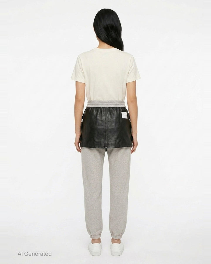 pushBUTTON black faux-leather mini skirt overlay layered over grey marl tapered sweatpants with elasticated cuffs and silver rivet hardware - back
