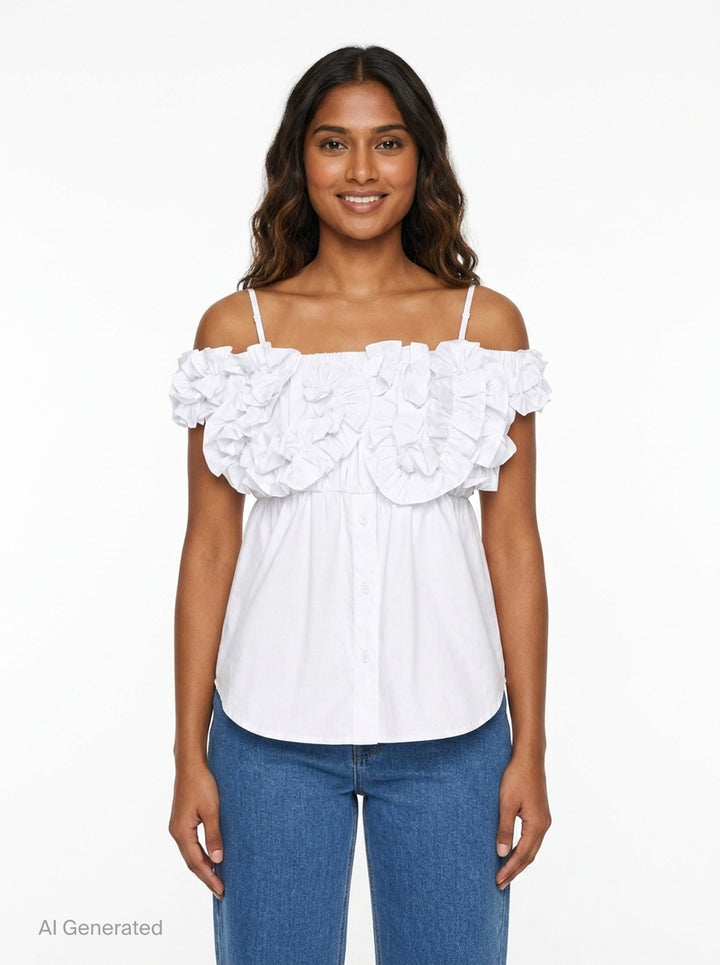 Off-Shoulder Ruffled Shirring Blouse | pushBUTTON | Club21 - front