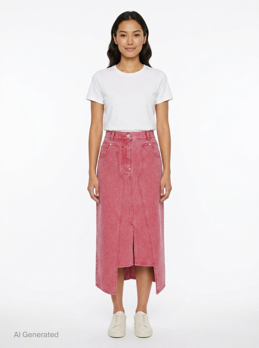 pushBUTTON red acid-washed denim midi skirt with curved panel seaming, contrast stitching, front slit, and snap-button fly closure - front