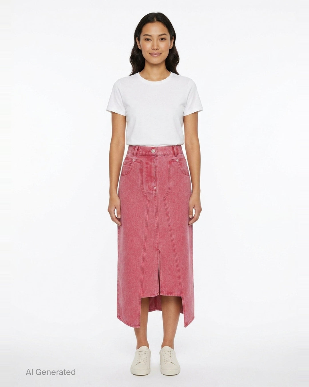 pushBUTTON red acid-washed denim midi skirt with curved panel seaming, contrast stitching, front slit, and snap-button fly closure - front