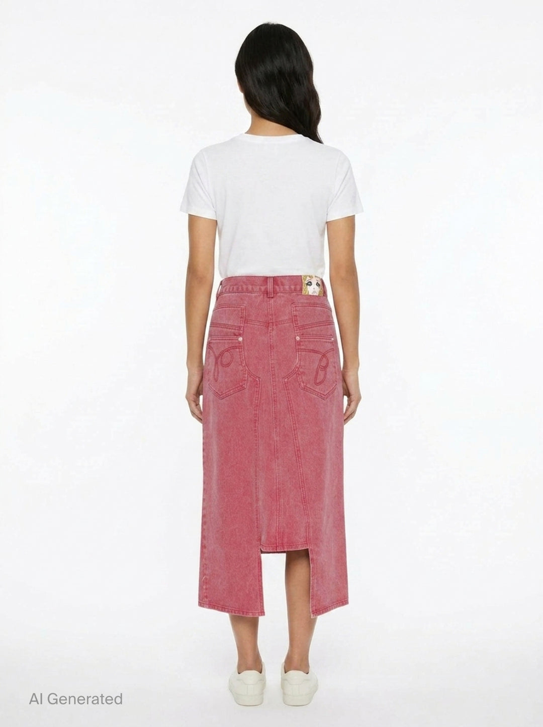pushBUTTON red acid-washed denim midi skirt with curved panel seaming, contrast stitching, front slit, and snap-button fly closure - back