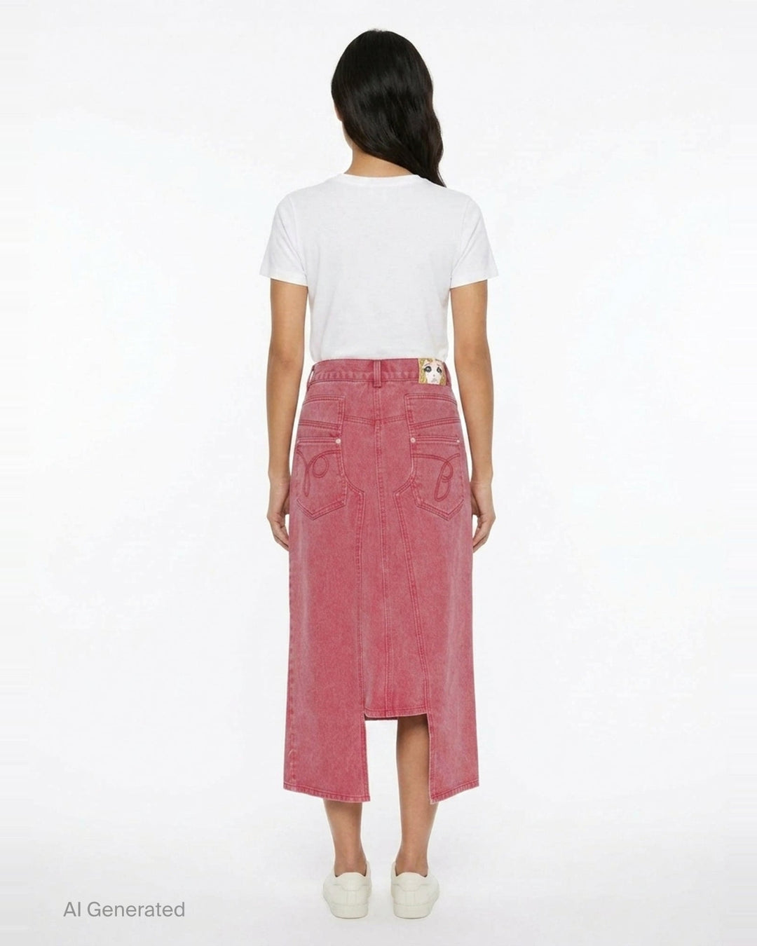pushBUTTON red acid-washed denim midi skirt with curved panel seaming, contrast stitching, front slit, and snap-button fly closure - back