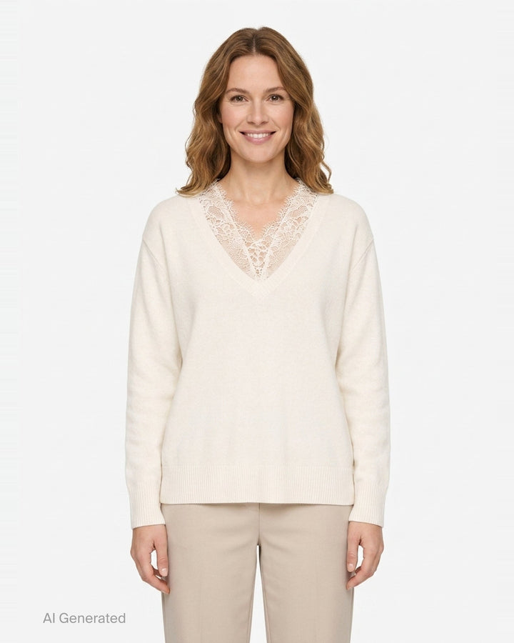 White Lace V-Neck Knit | pushBUTTON | Club21 - front