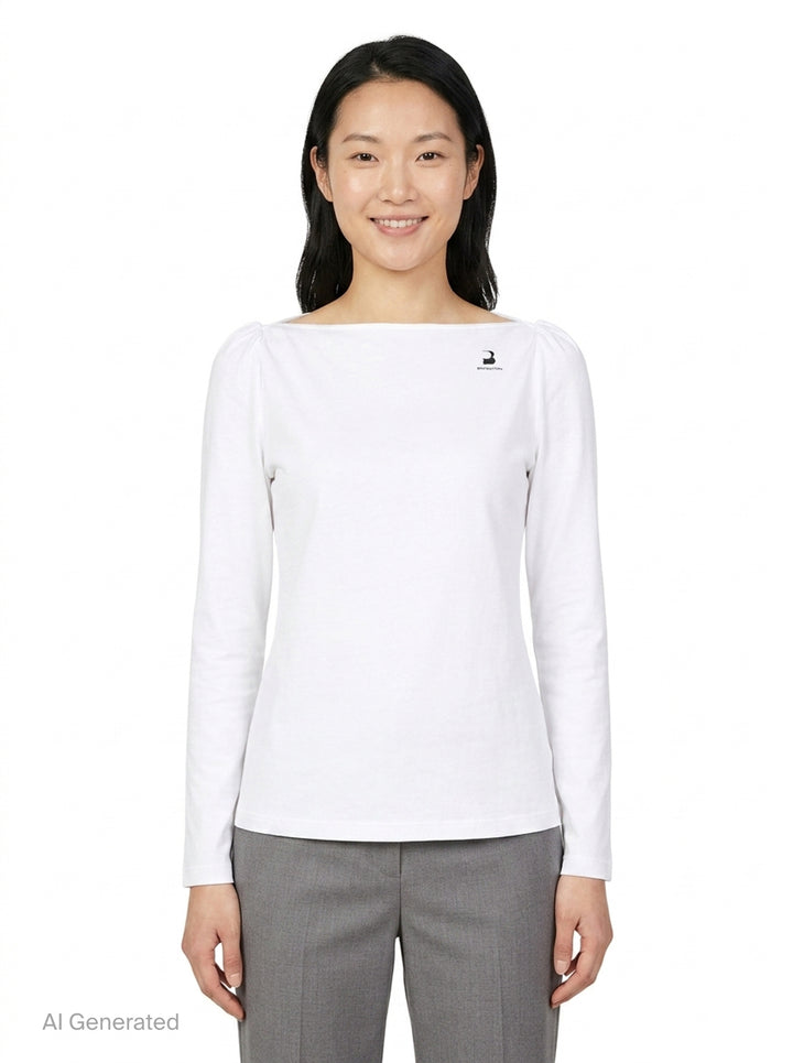 White Straight Neck Long Sleeve Tee | pushBUTTON | Club21 - front