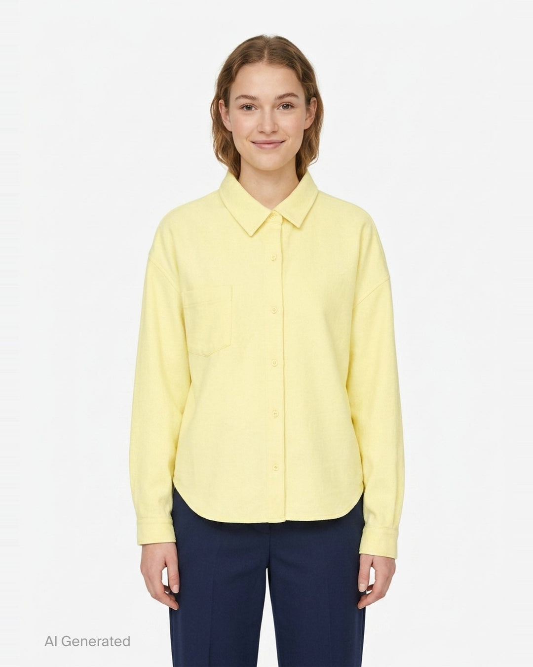 pushBUTTON butter yellow relaxed long-sleeve shirt with spread collar, tonal button-front closure, and chest patch pocket - front