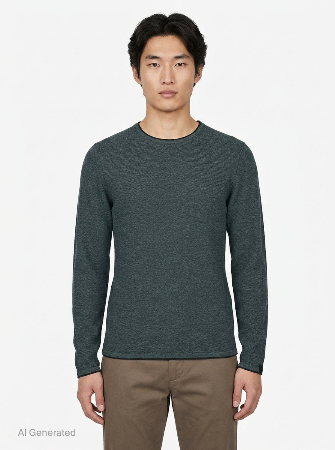 rag & bone Brooks Wool Crew Sweater in deep teal, featuring a slim fit, crew neckline, long sleeves, and raw-edge cuffs, displayed on a flat ghost mannequin - front
