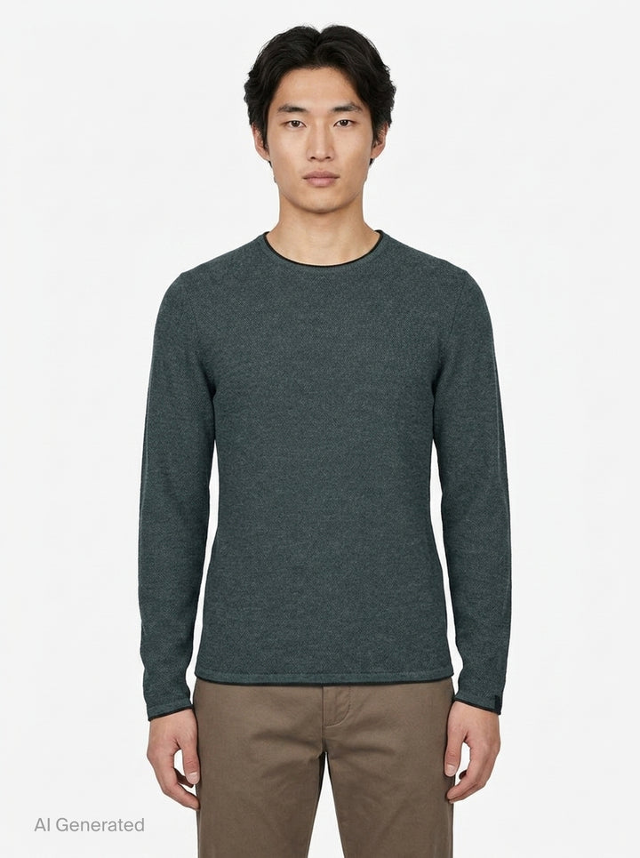 rag & bone Brooks Wool Crew Sweater in deep teal, featuring a slim fit, crew neckline, long sleeves, and raw-edge cuffs, displayed on a flat ghost mannequin - front