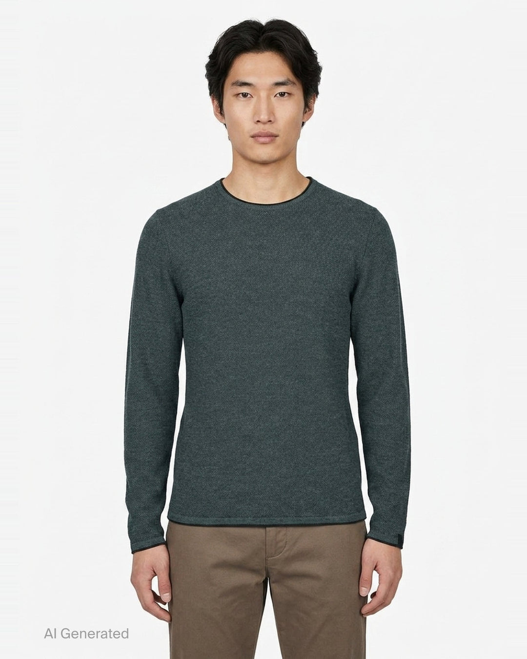 rag & bone Brooks Wool Crew Sweater in deep teal, featuring a slim fit, crew neckline, long sleeves, and raw-edge cuffs, displayed on a flat ghost mannequin - front