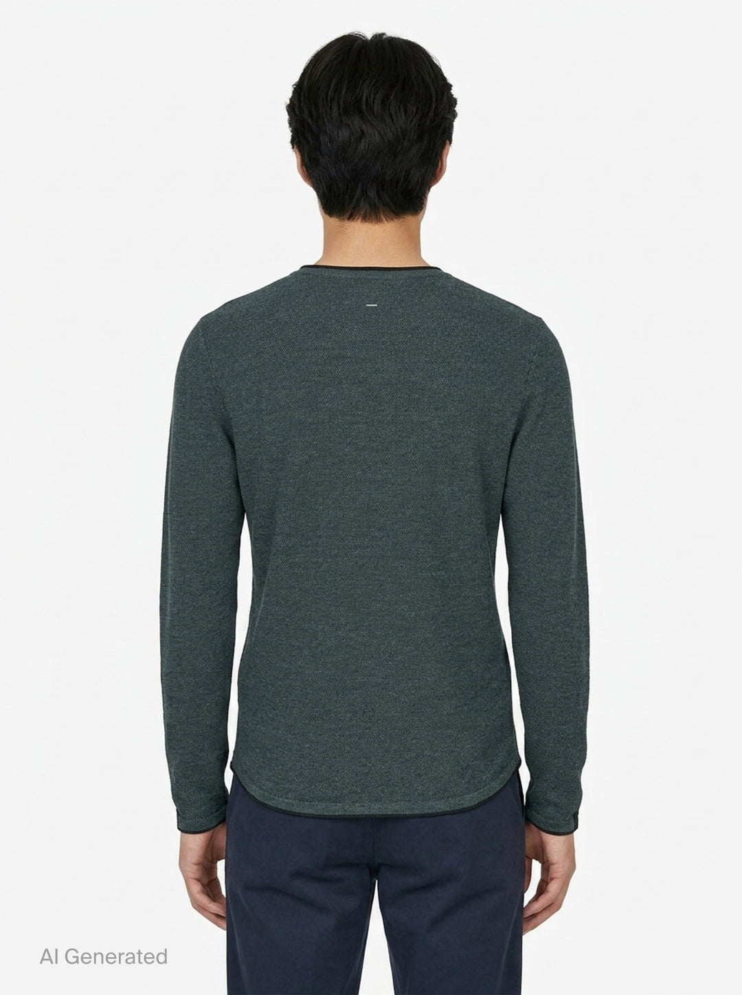 rag & bone Brooks Wool Crew Sweater in deep teal, featuring a slim fit, crew neckline, long sleeves, and raw-edge cuffs, displayed on a flat ghost mannequin - back