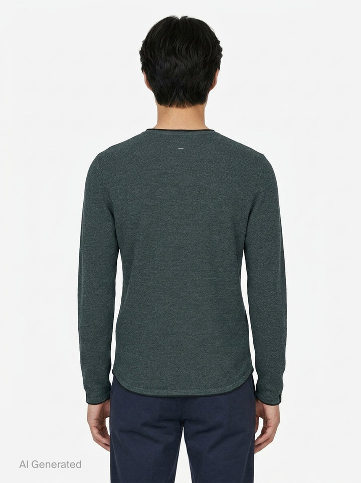 rag & bone Brooks Wool Crew Sweater in deep teal, featuring a slim fit, crew neckline, long sleeves, and raw-edge cuffs, displayed on a flat ghost mannequin - back
