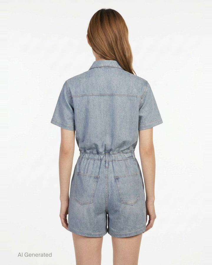 rag & bone light-wash denim short sleeve romper with camp collar, snap-button front placket, elasticated waist, and relaxed shorts silhouette, displayed flat on white background - back