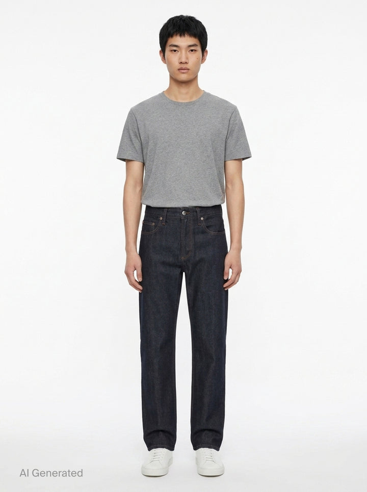 rag & bone Fit 3 Raw Stretch Jeans in dark indigo with contrast amber topstitching and straight-leg silhouette, front view - front
