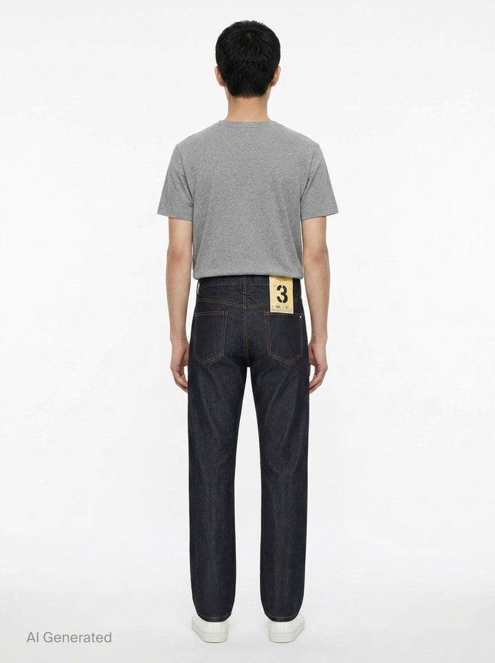 rag & bone Fit 3 Raw Stretch Jeans in dark indigo with contrast amber topstitching and straight-leg silhouette, front view - back
