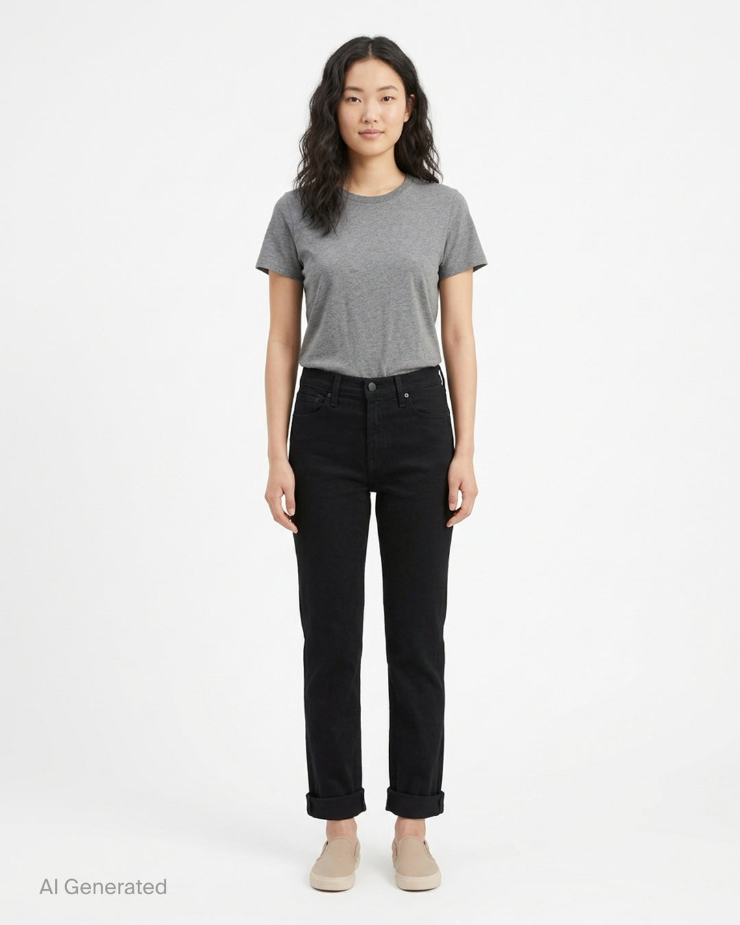rag & bone Flexi Wren mid-rise full slim jeans in black stretch denim with five-pocket styling and rolled cuffs, shown from the front - front