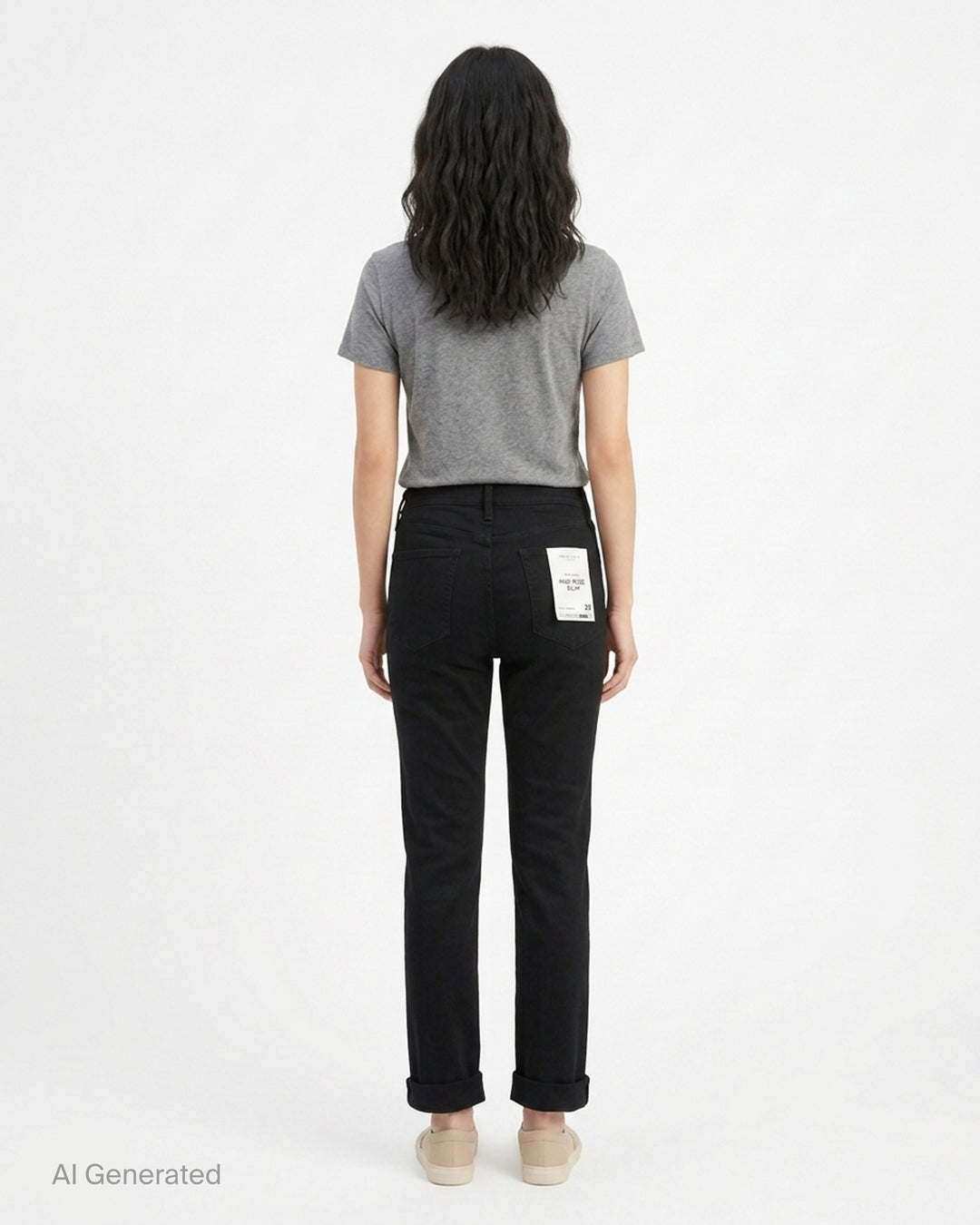 rag & bone Flexi Wren mid-rise full slim jeans in black stretch denim with five-pocket styling and rolled cuffs, shown from the front - back