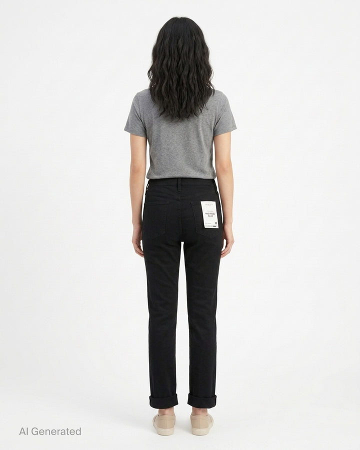 rag & bone Flexi Wren mid-rise full slim jeans in black stretch denim with five-pocket styling and rolled cuffs, shown from the front - back