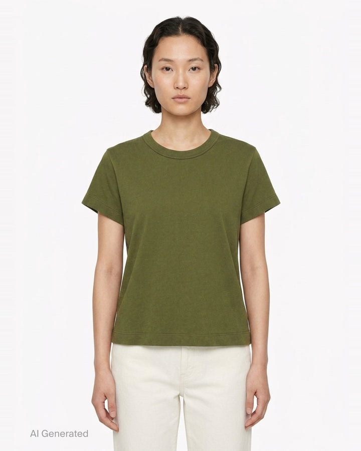 rag & bone Kelly Perfect Tee in olive green, featuring a ribbed crew neckline, short sleeves, and a slightly cropped tailored silhouette - front