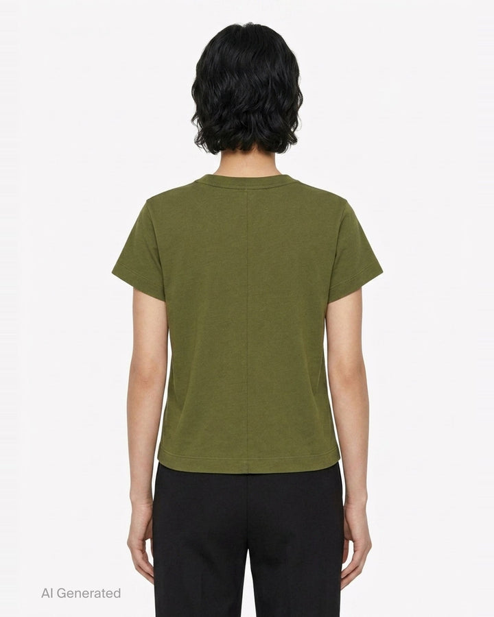 rag & bone Kelly Perfect Tee in olive green, featuring a ribbed crew neckline, short sleeves, and a slightly cropped tailored silhouette - back