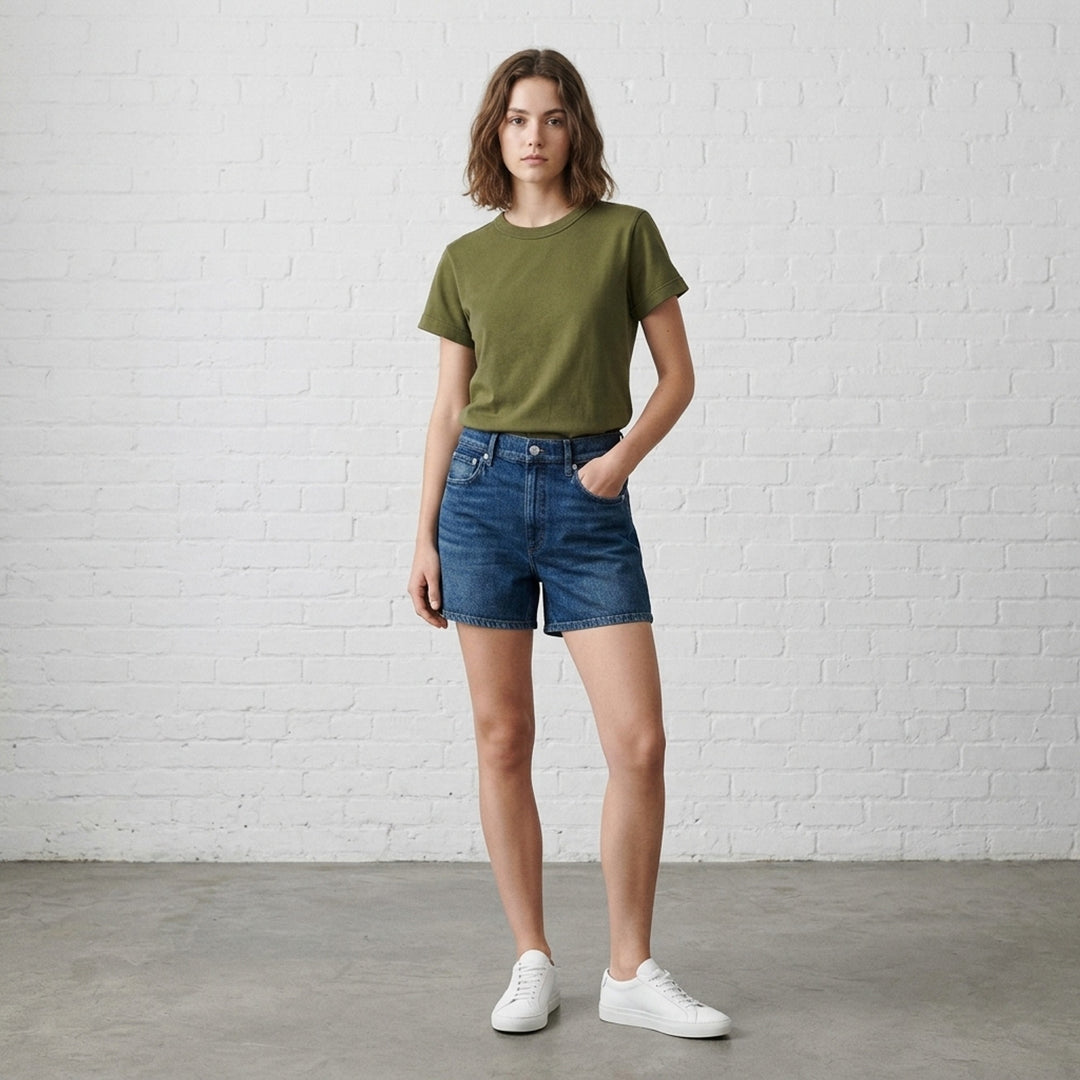 rag & bone Kelly Perfect Tee in olive green, featuring a ribbed crew neckline, short sleeves, and a slightly cropped tailored silhouette - lifestyle